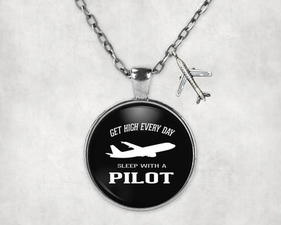 Side view of Get High Every Day Sleep With A aviation necklace in stainless steel, polished finish.