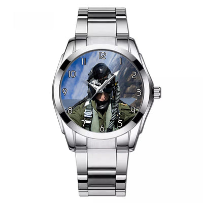 Amazing Military Pilot Selfie aviation watch with stainless steel band, stainless steel body with engraved detail.