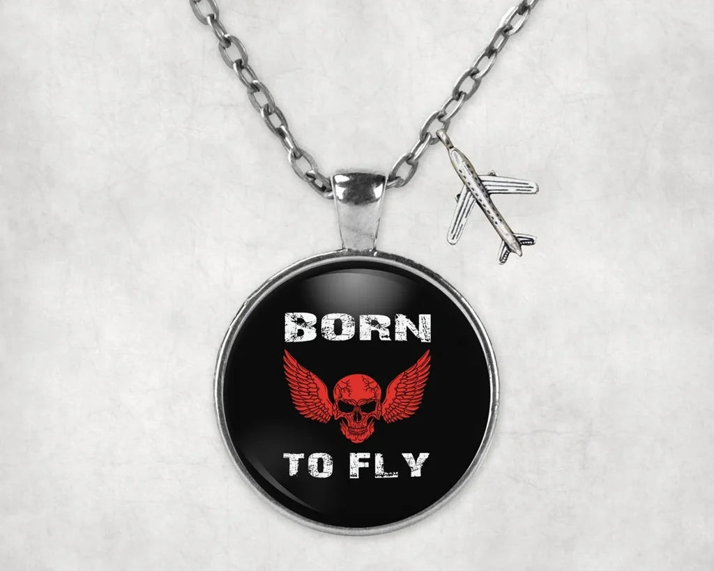 Born To Fly SKELETON aviation-themed necklace, polished stainless steel.