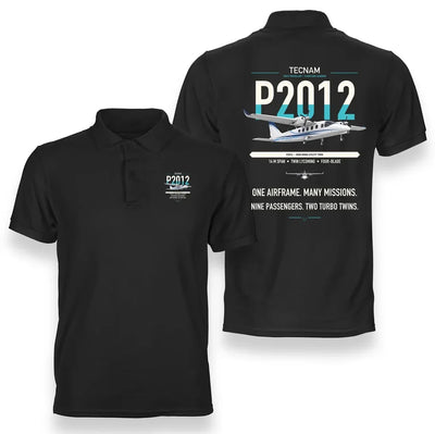 Tecnam P2012 Traveller design on black double-side polo t-shirt, double-side print
