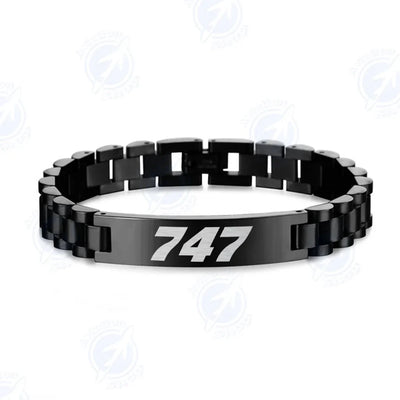 Side view of Boeing 747 Flat Text aviation chain bracelet in stainless steel, polished finish.