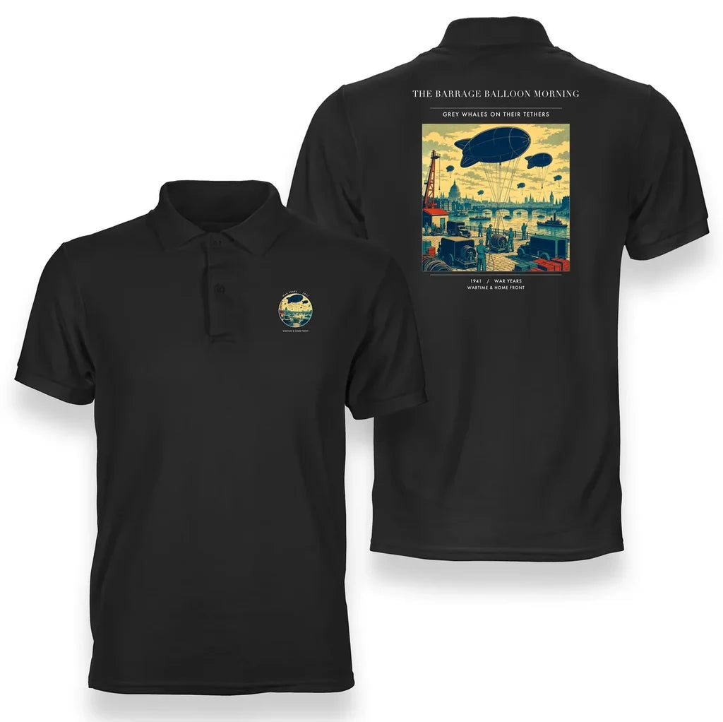 VINTAGE G4521 - The Barrage Balloon Morning - Double-Side Polo T-Shirt design on black