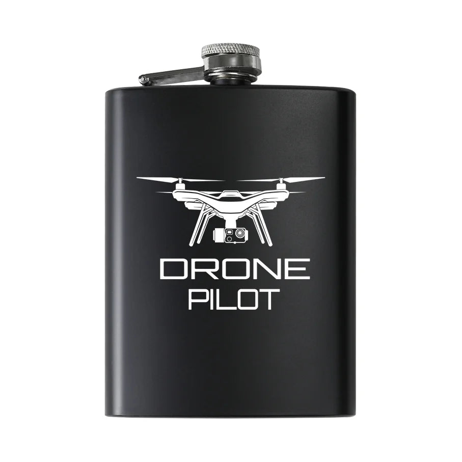 Drone aviation design on stainless hip flask, compact pocket-size flask.
