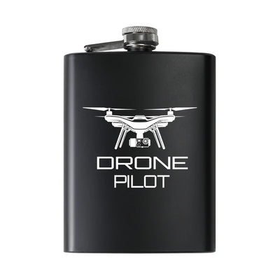 Drone aviation design on stainless hip flask, compact pocket-size flask.