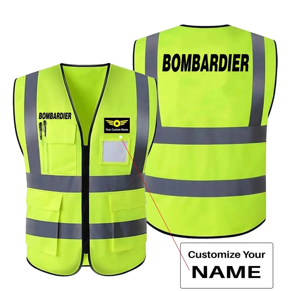 Bombardier & Text aviation design printed on high-visibility reflective fabric reflective vest.
