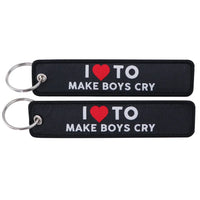 Thumbnail for I LOVE TO MAKE BOYS CRY aviation fashion key chain in polished metal.