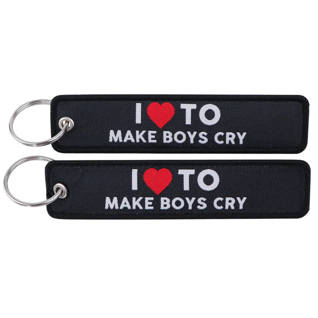 I LOVE TO MAKE BOYS CRY aviation fashion key chain in polished metal.