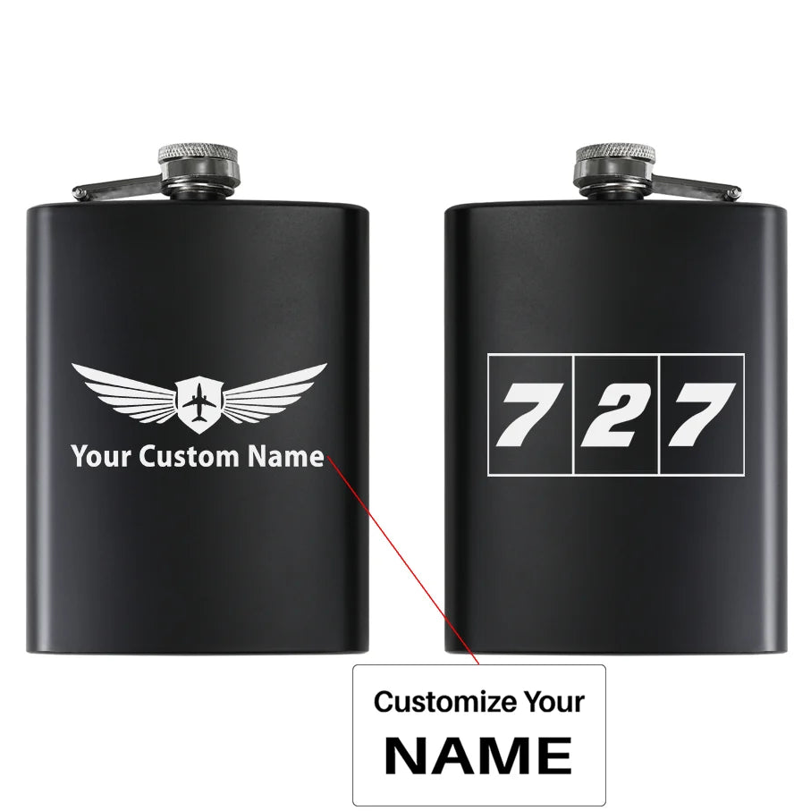 Flat Colourful 727 aviation design on stainless hip flask, compact pocket-size flask.
