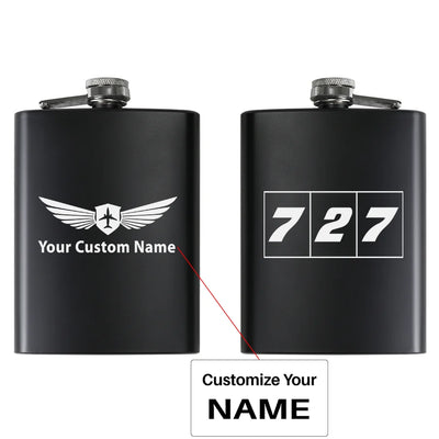 Flat Colourful 727 aviation design on stainless hip flask, compact pocket-size flask.