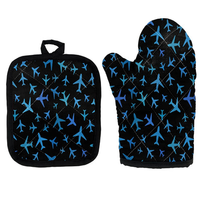Many Airplanes Black Kitchen Glove & Holder aviation design on durable fabric with insulated lining kitchen glove holder.