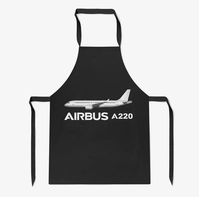 The Airbus A220 aviation design on durable cotton blend kitchen apron.