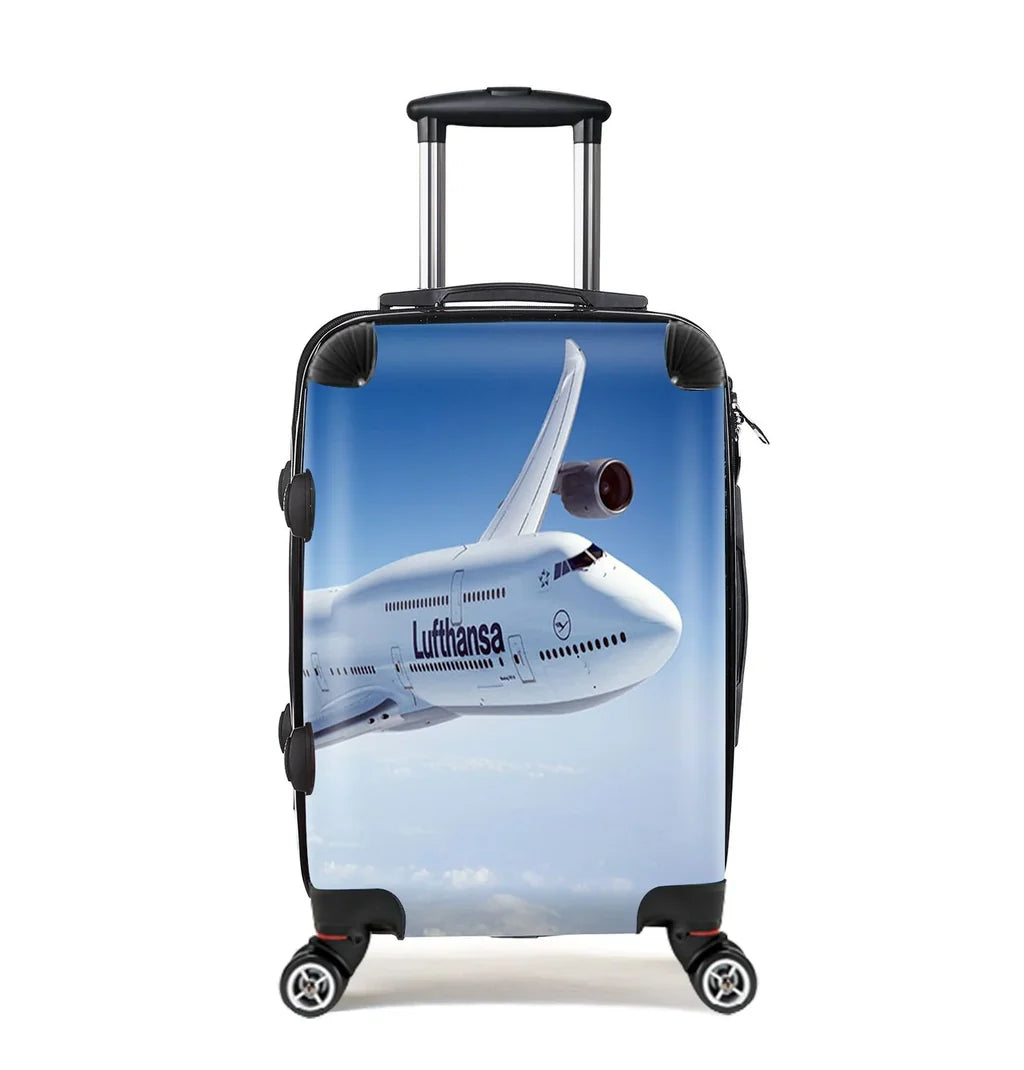 Cruising Lufthansa's Boeing 747 Cabin Size aviation luggage in durable shell.
