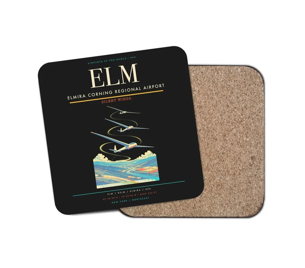 Elmira Corning Regional Airport (ELM) design on black 1 piece coaster