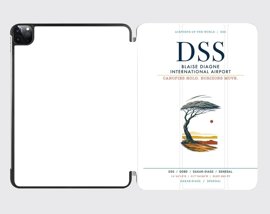 Blaise Diagne International Airport (DSS) design on white ipad tablet case