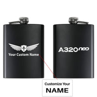 Thumbnail for A320neo & Text aviation design on stainless hip flask, compact pocket-size flask.