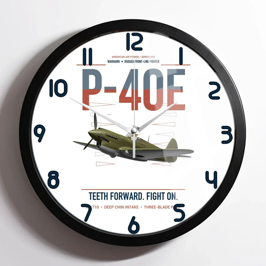 P-40E Warhawk design on white framed wall clock