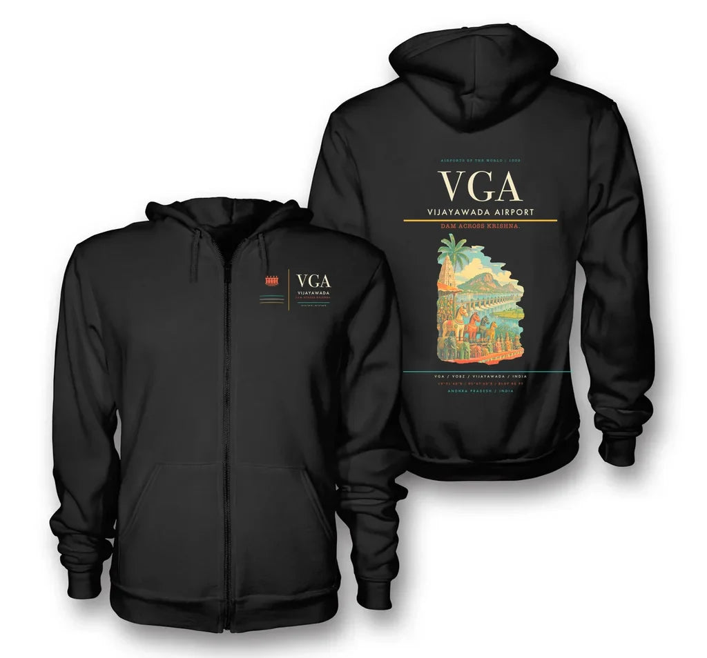 Vijayawada Airport (VGA) design on black premium zipped hoodie