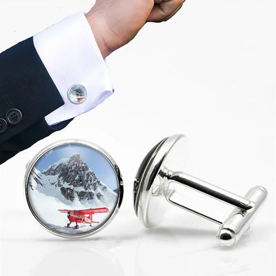 Side view of Amazing Snow Airplane aviation cuff links in polished metal, polished finish.