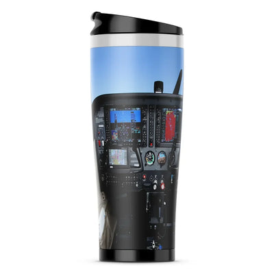 Cessna 172 Cockpit aviation design on travel mug no-holder, insulated double-wall.