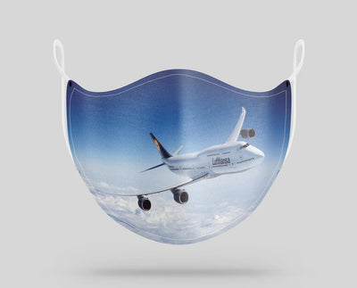 Cruising Lufthansa's Boeing 747 aviation face mask in breathable cotton blend.