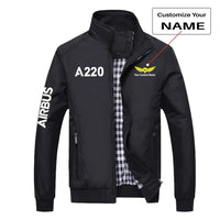 Thumbnail for Airbus A220 Flat Text aviation design printed on modern shell with tailored fit stylish jacket.