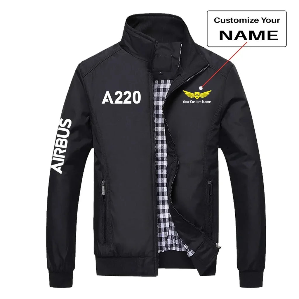 Airbus A220 Flat Text aviation design printed on modern shell with tailored fit stylish jacket.
