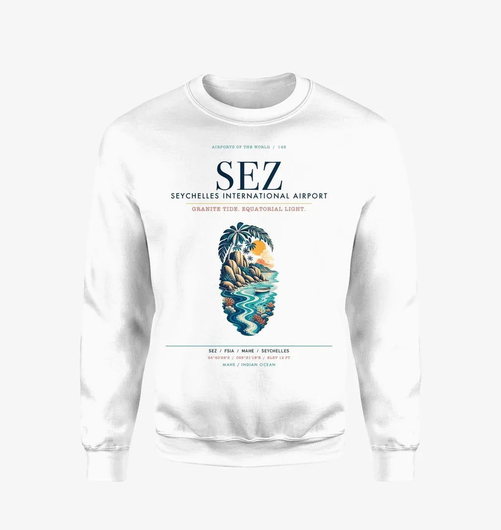 Seychelles International Airport (SEZ) design on white sweatshirt