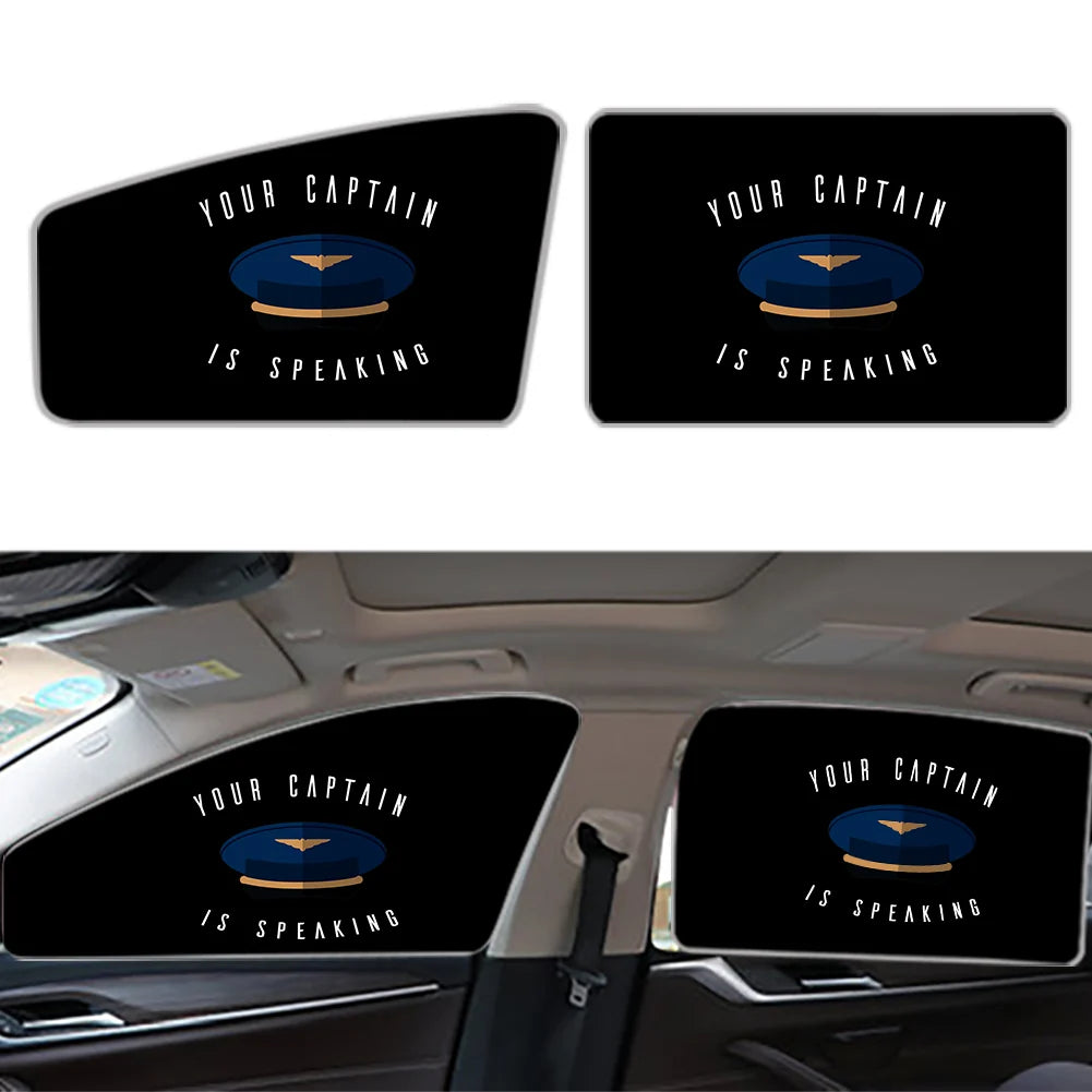 Your Captain Is Speaking Car Sun Shade (Side window) aviation design on reflective polyester car side window sun shade.