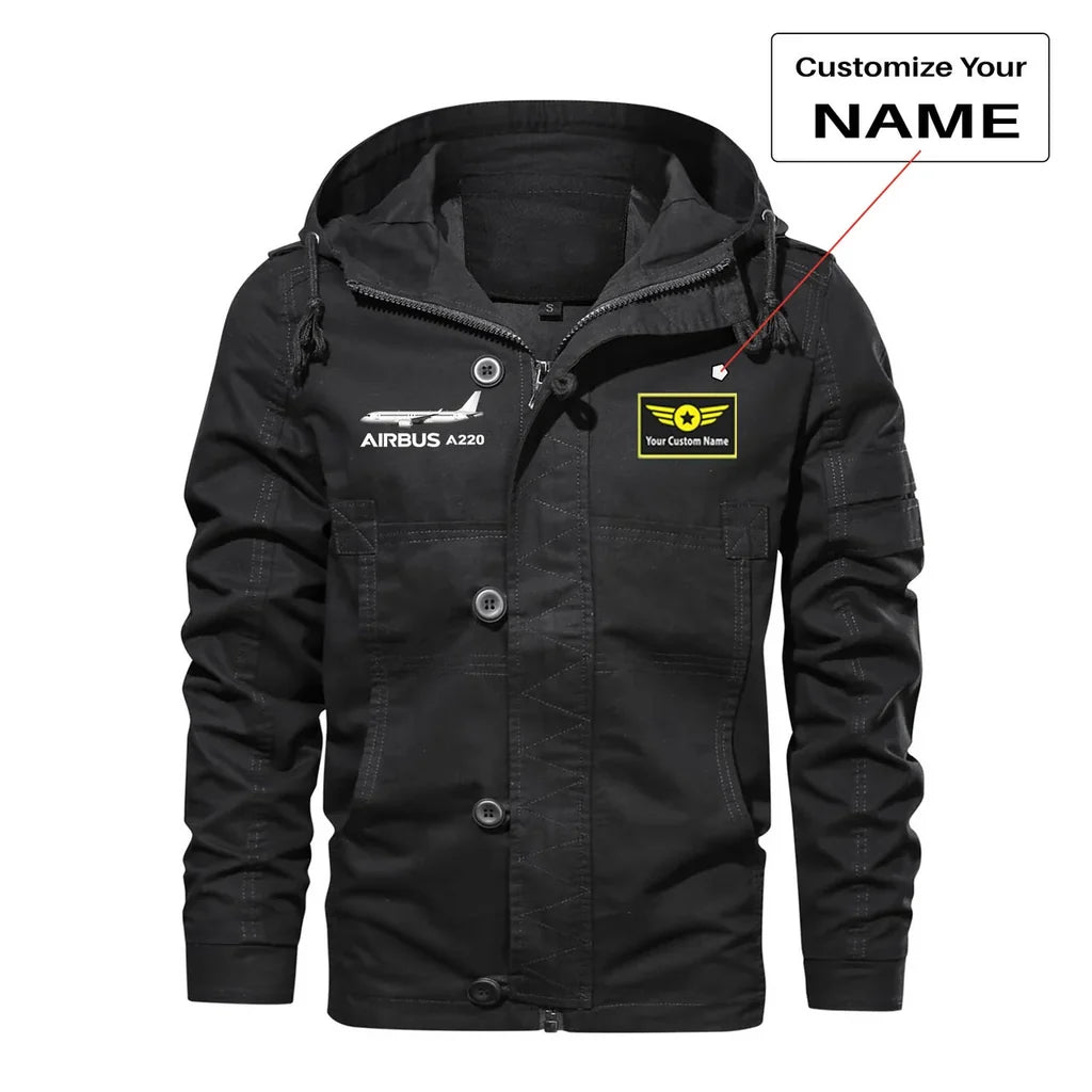 The Airbus A220 aviation design printed on heavy cotton shell with classic fit cotton jacket.