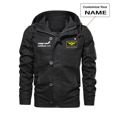 The Airbus A220 aviation design printed on heavy cotton shell with classic fit cotton jacket.