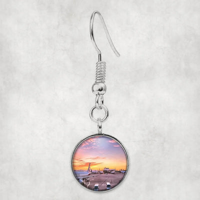 Side view of Airport Photo During Sunset aviation earrings in hypoallergenic alloy, polished finish.