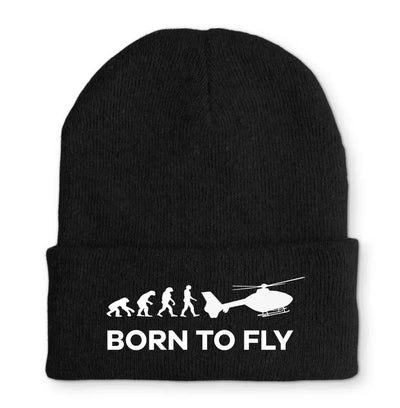 Born To Fly Helicopter Embroidered aviation embroidery on soft knit fabric beanie.