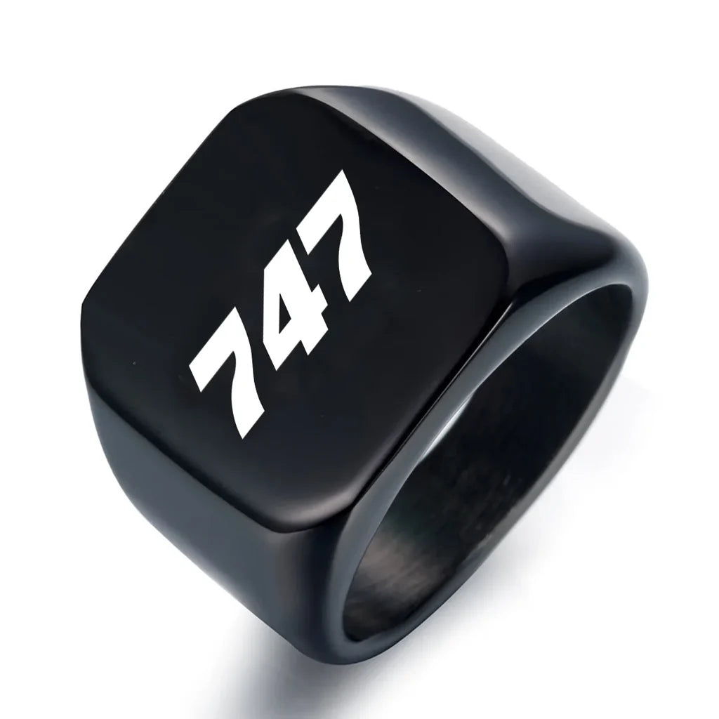 Boeing 747 Flat Text aviation ring in stainless steel.