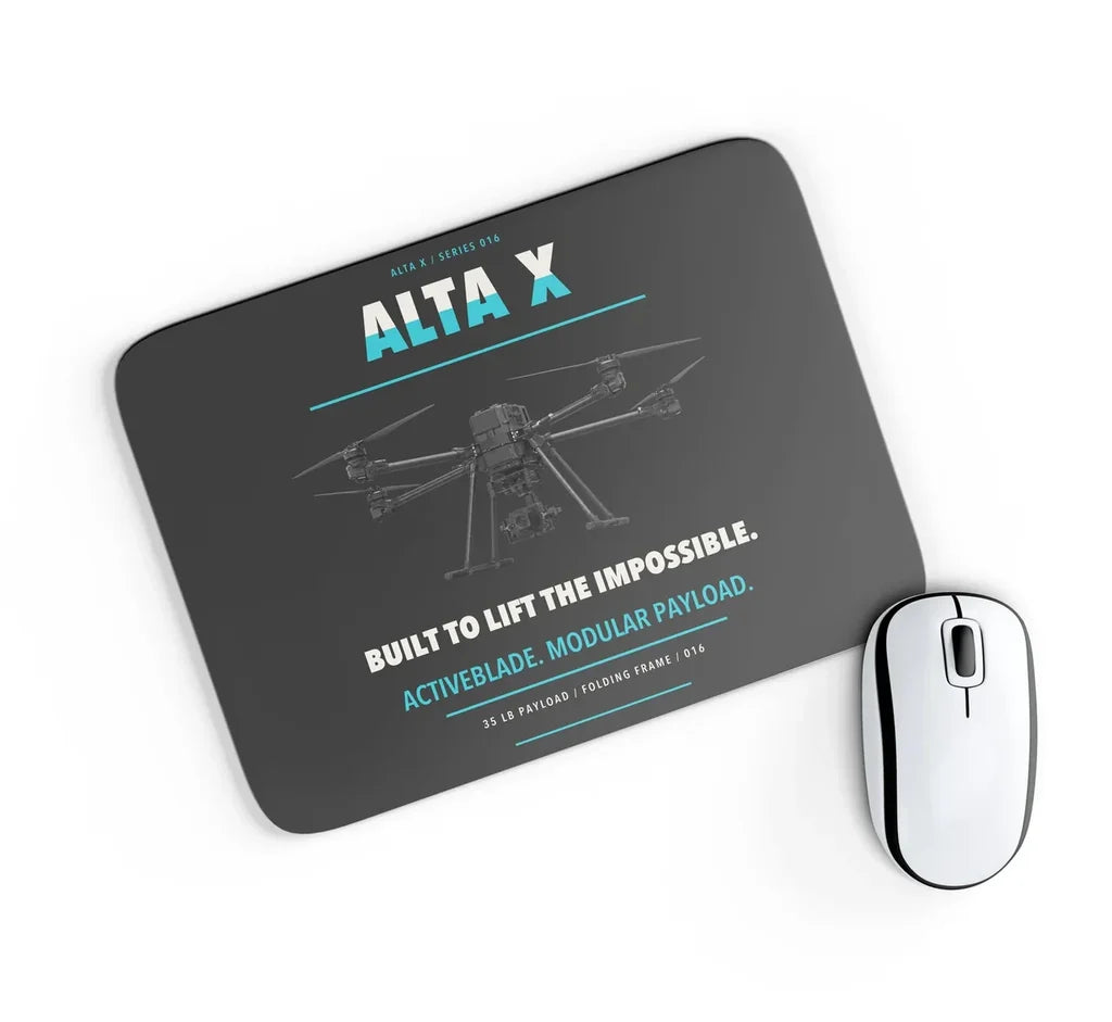 Freefly Alta X design on black rectangle mouse pad