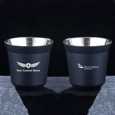 South African Airways aviation design on double-wall coffee mug, vacuum-insulated double-wall.
