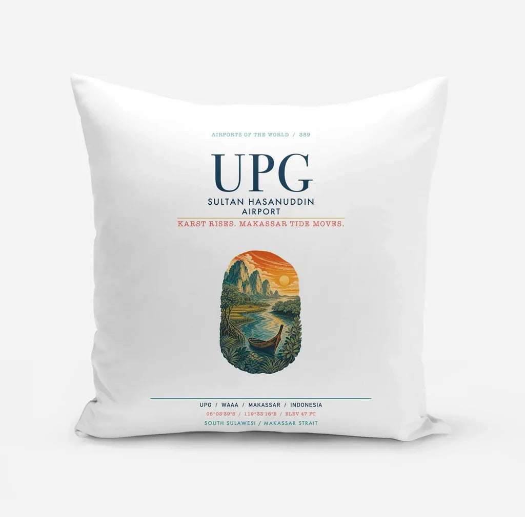 Sultan Hasanuddin Airport (UPG) design on white pillow