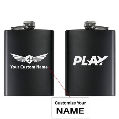 Play Airlines aviation design on stainless hip flask, compact pocket-size flask.