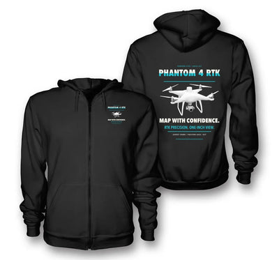 DJI Phantom 4 RTK design on black zipped hoodie