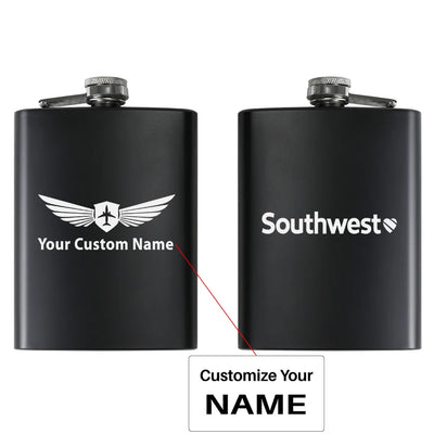 Southwest Airlines aviation design on stainless hip flask, compact pocket-size flask.