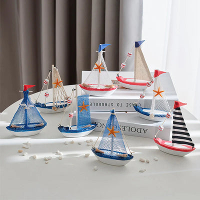 Side view of 8pc 5.51 in Marine Nautical Wooden Sailboat Model Ornament aviation model ship in diecast metal or wood with det.