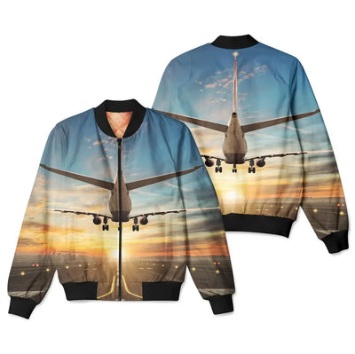 Airplane over Runway Towards the Sunrise aviation design printed on padded shell with full sublimation print 3D bomber jacket.