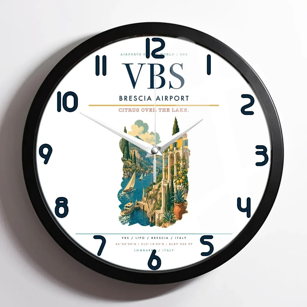 Brescia Airport (VBS) design on white framed wall clock