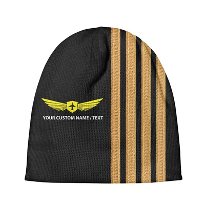 Custom Name & Special Golden Pilot Epaulettes (4 Lines) aviation embroidery on soft knit fabric 3D knit beanie.