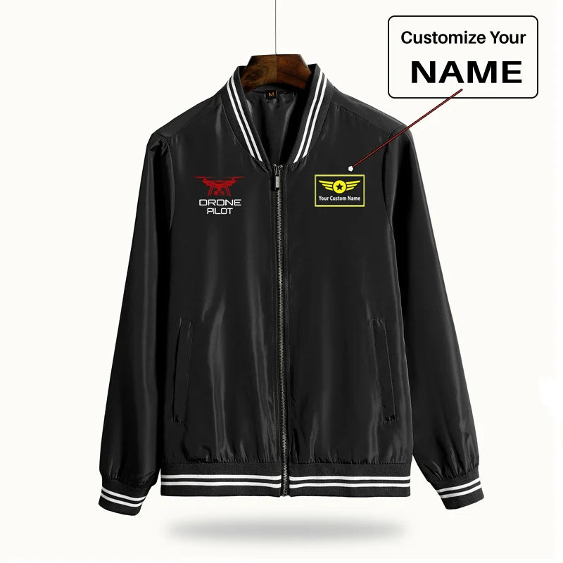Drone aviation design printed on lightweight shell with windproof finish thin spring jacket.