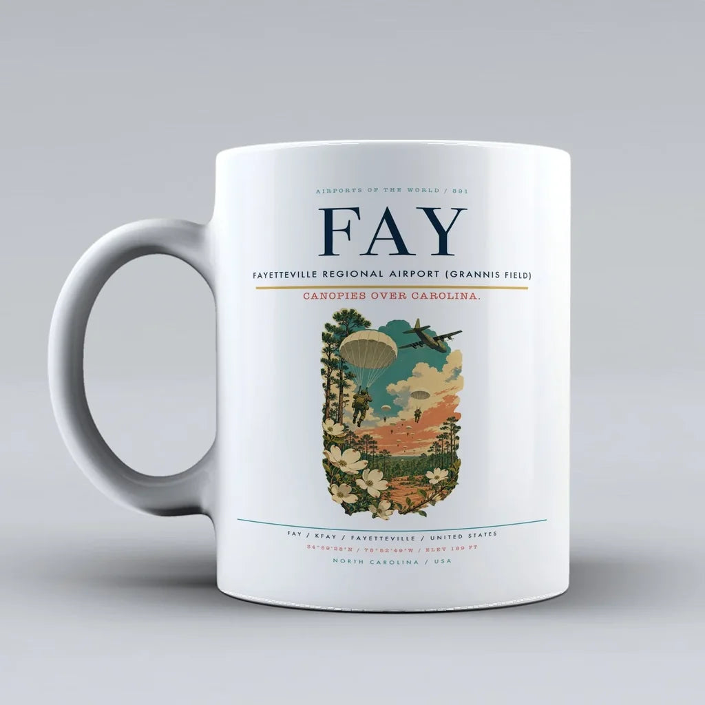 Fayetteville Regional Airport (Grannis Field) (FAY) airport code design on white ceramic mug