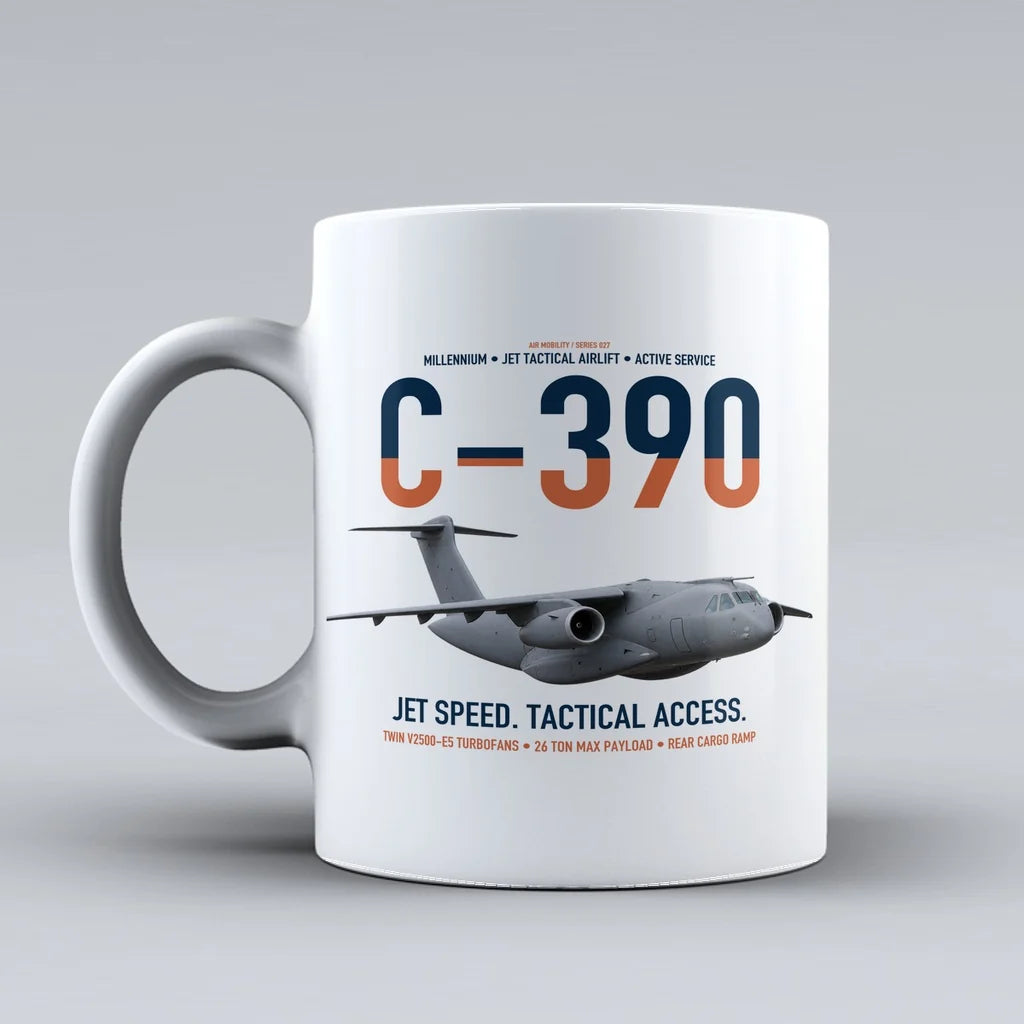 C-390 Millennium design on white ceramic mug, double-side print