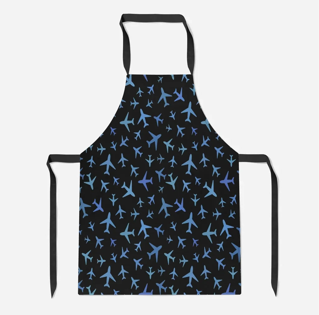 Many Airplanes Black aviation design on durable cotton blend kitchen apron.