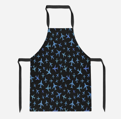 Many Airplanes Black aviation design on durable cotton blend kitchen apron.