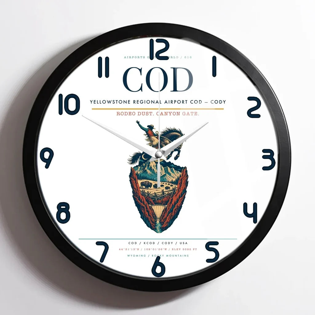 Yellowstone Regional Airport (COD) design on white framed wall clock