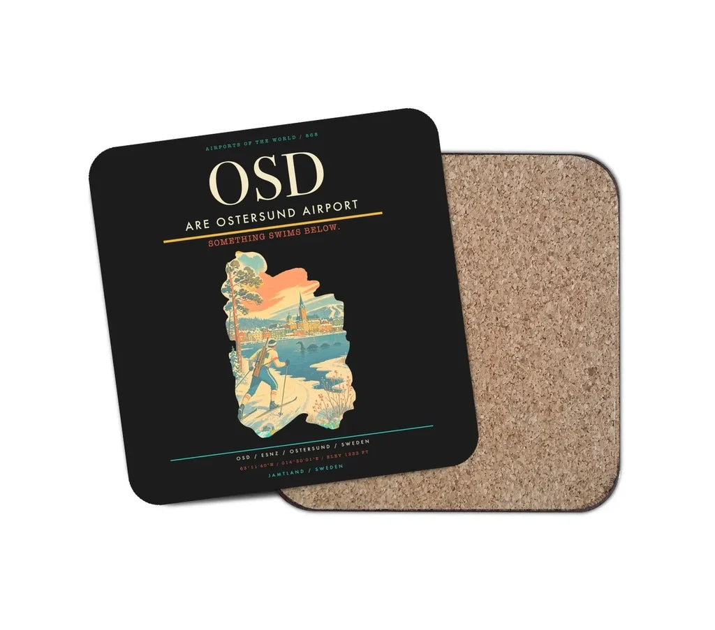 Are Ostersund Airport (OSD) design on black 1 piece coaster